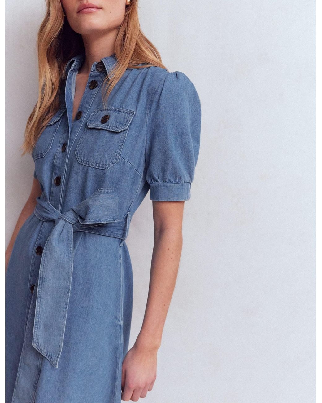 Boden Blue Puff Sleeve Denim Shirt Dress