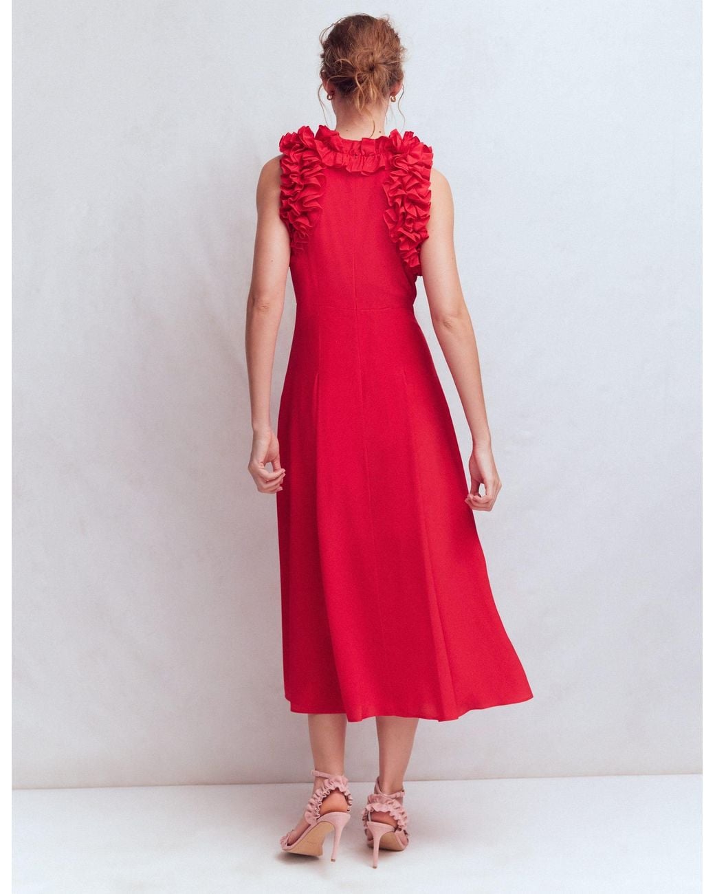 Boden Red Ruffle Silk Midi Dress
