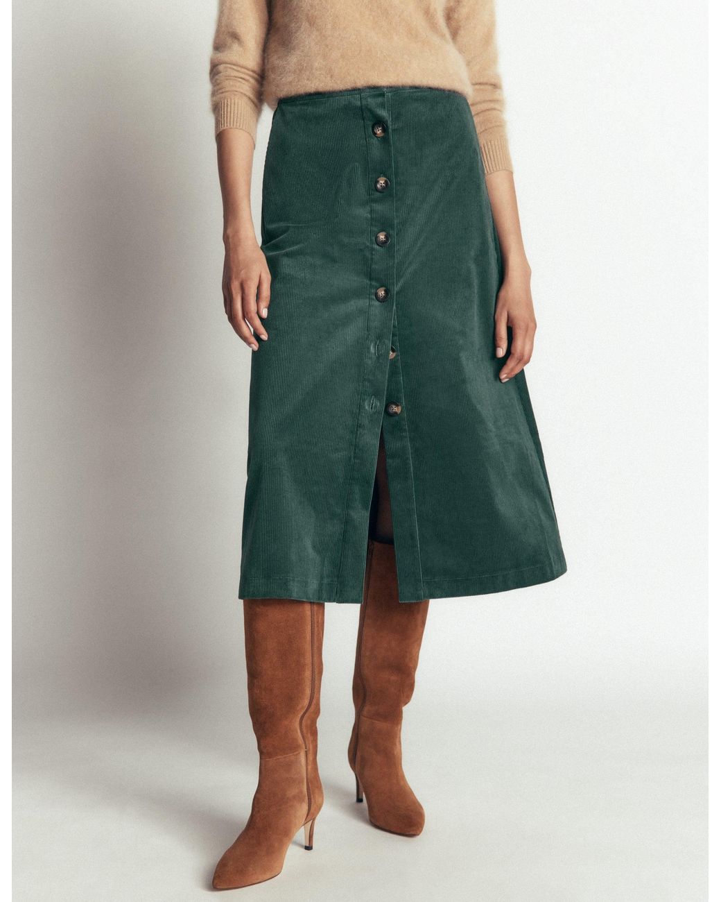 Boden Green Val Button Cord Midi Skirt