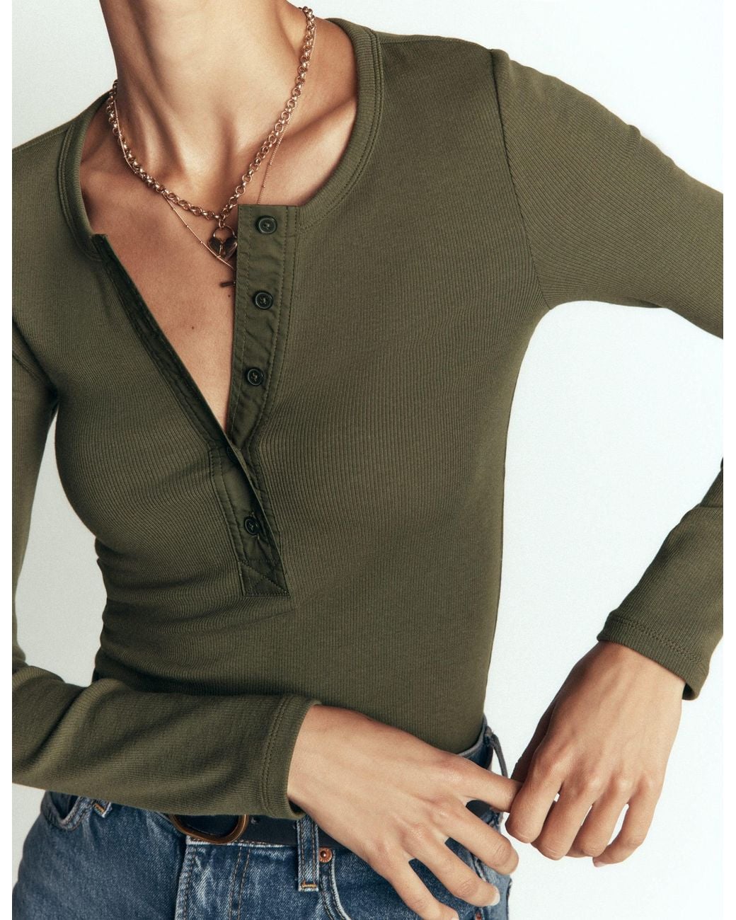 Boden Green Ribbed Long Sleeve Henley Top