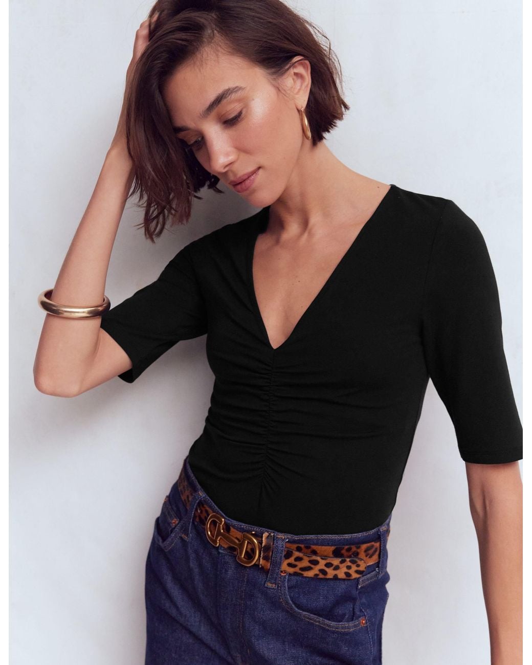 Boden Black Tia Ruched V-Neck Top