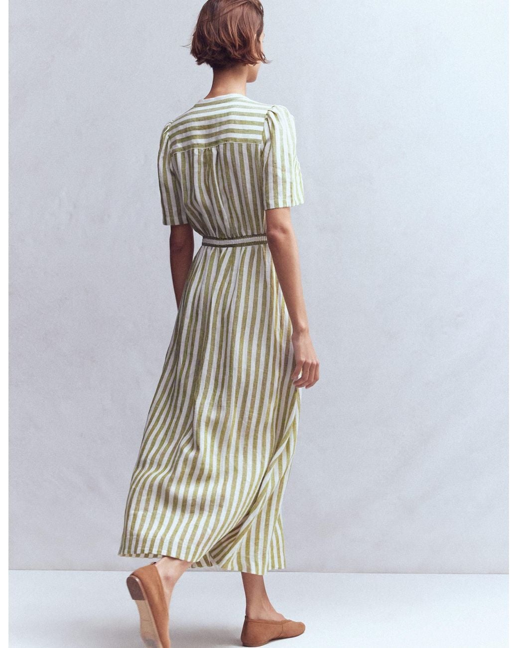 Boden Brown Ivy Linen Midi Dress- Ivory Stripe