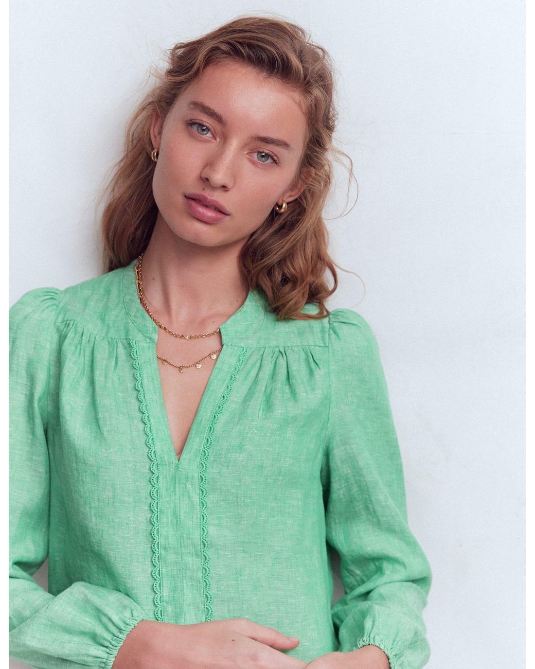 Boden Green Linen Trim Insert Top