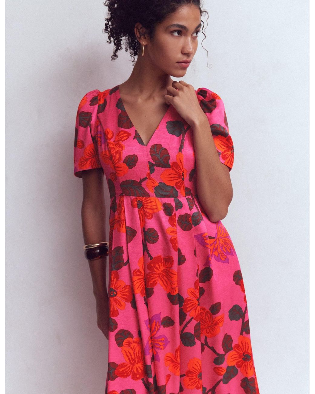 Boden Red Pleat V-Neck Dress