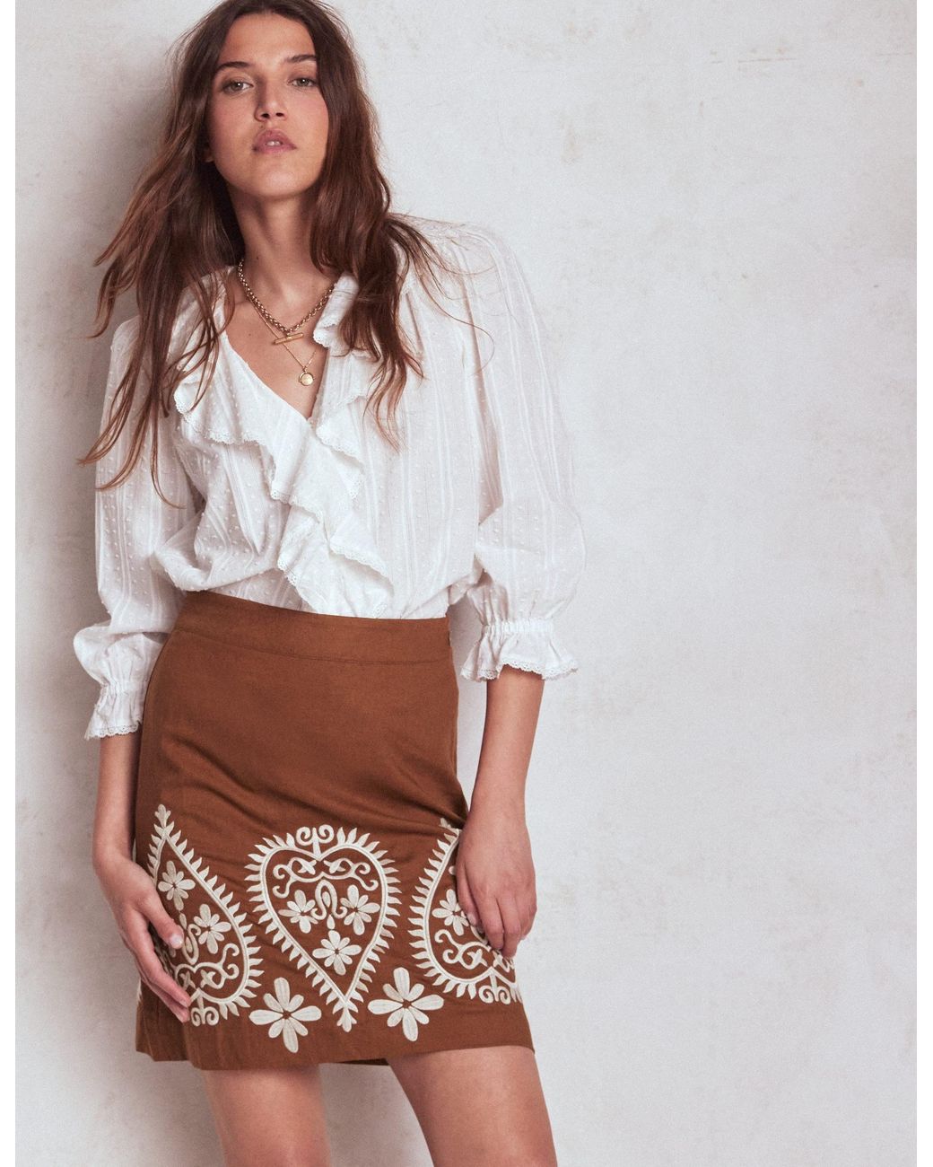 Boden Brown Embroidered Linen Skirt