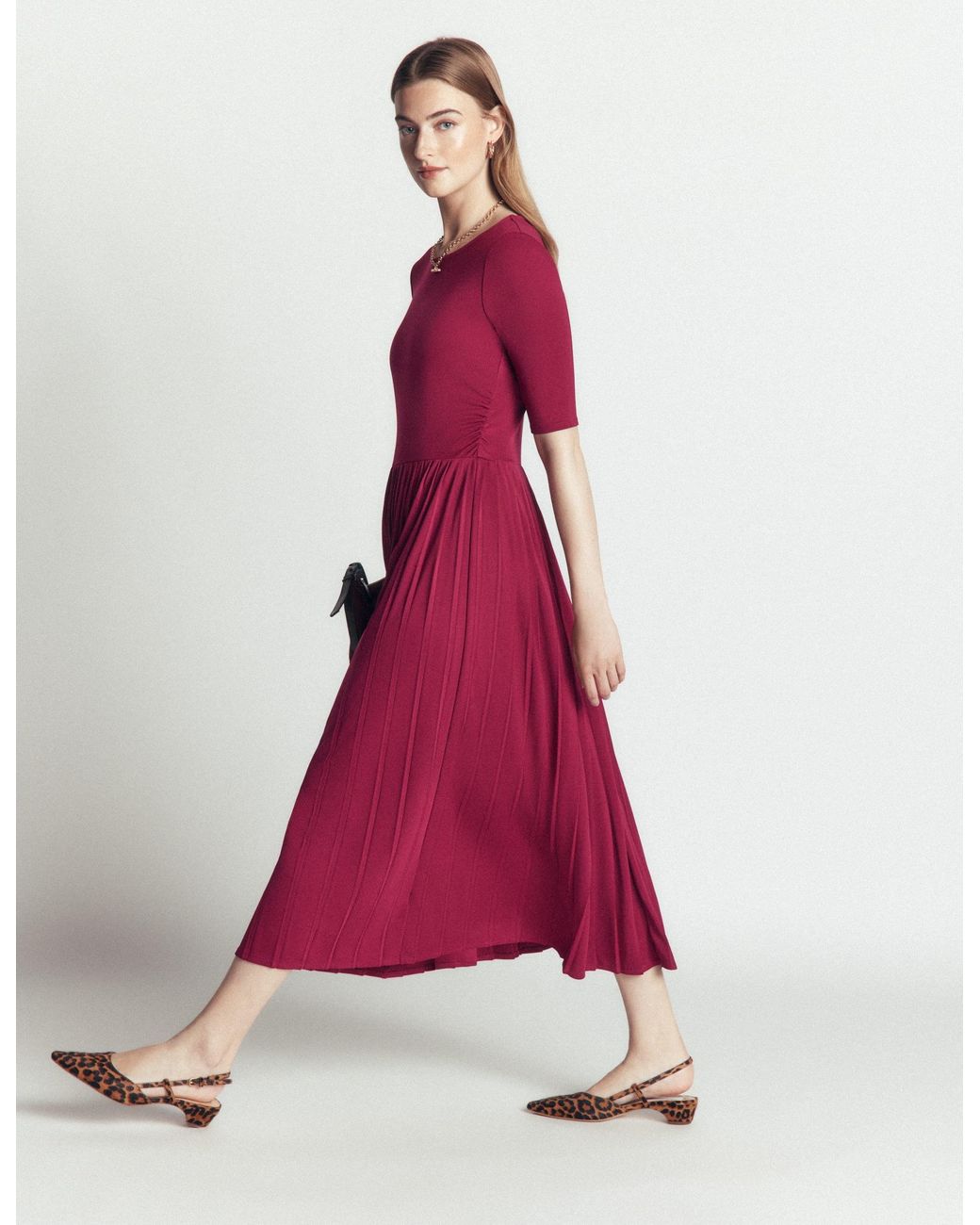 Boden Red Pleated Jersey Midi Dress