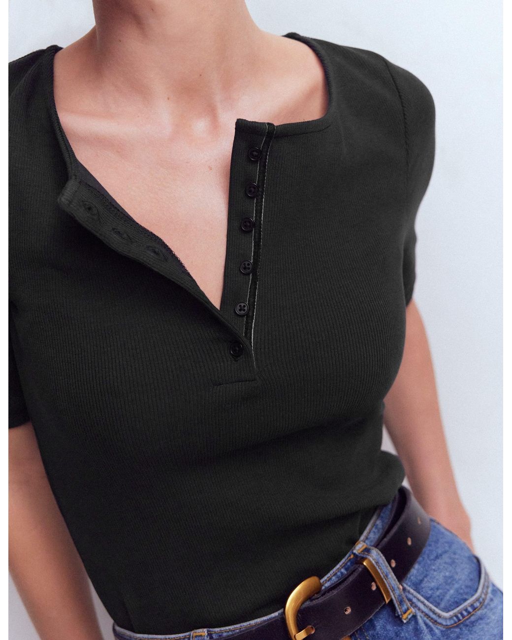 Boden Black Short Sleeve Rib Henley Top