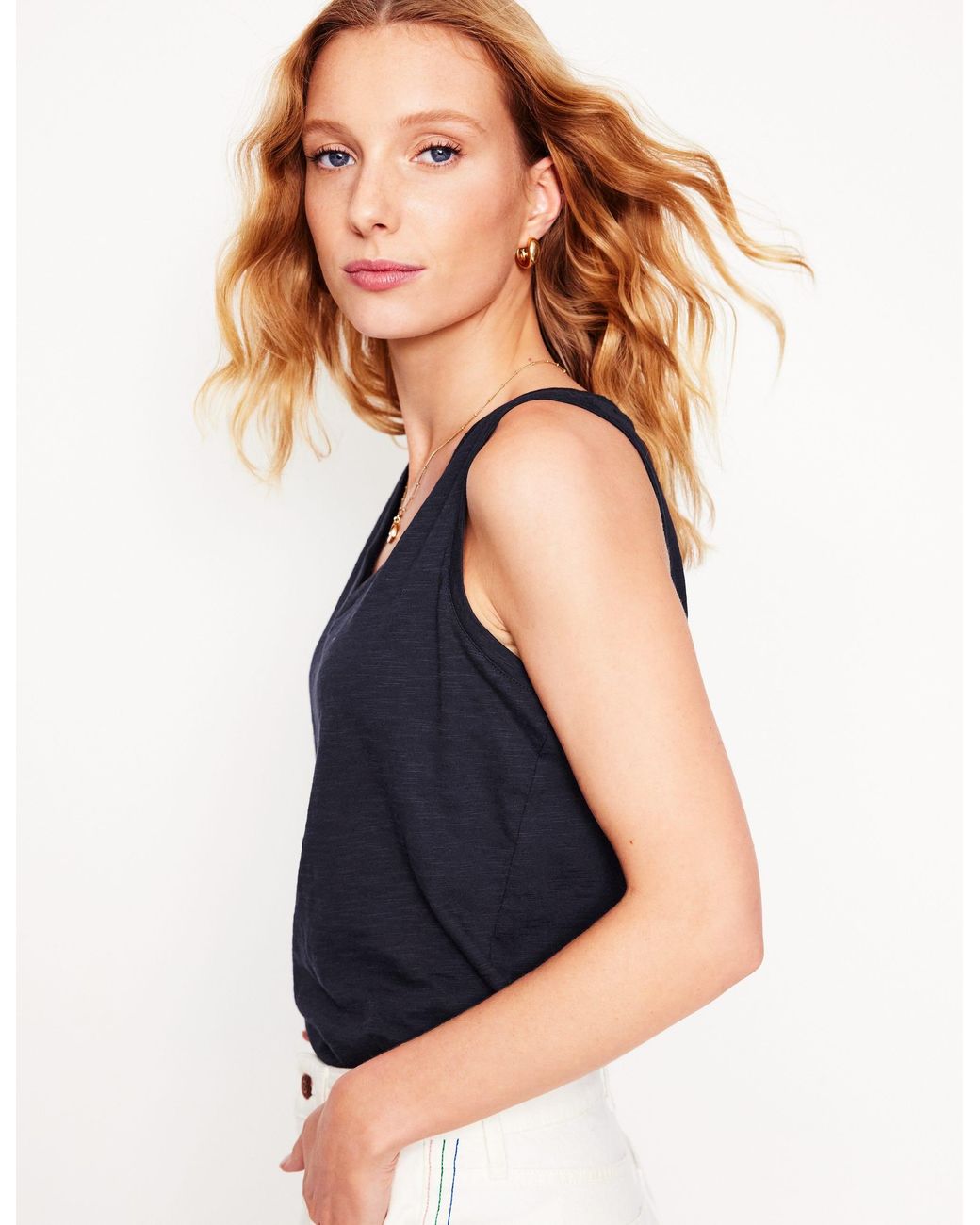 Boden Blue Regular V Neck Slub Tank