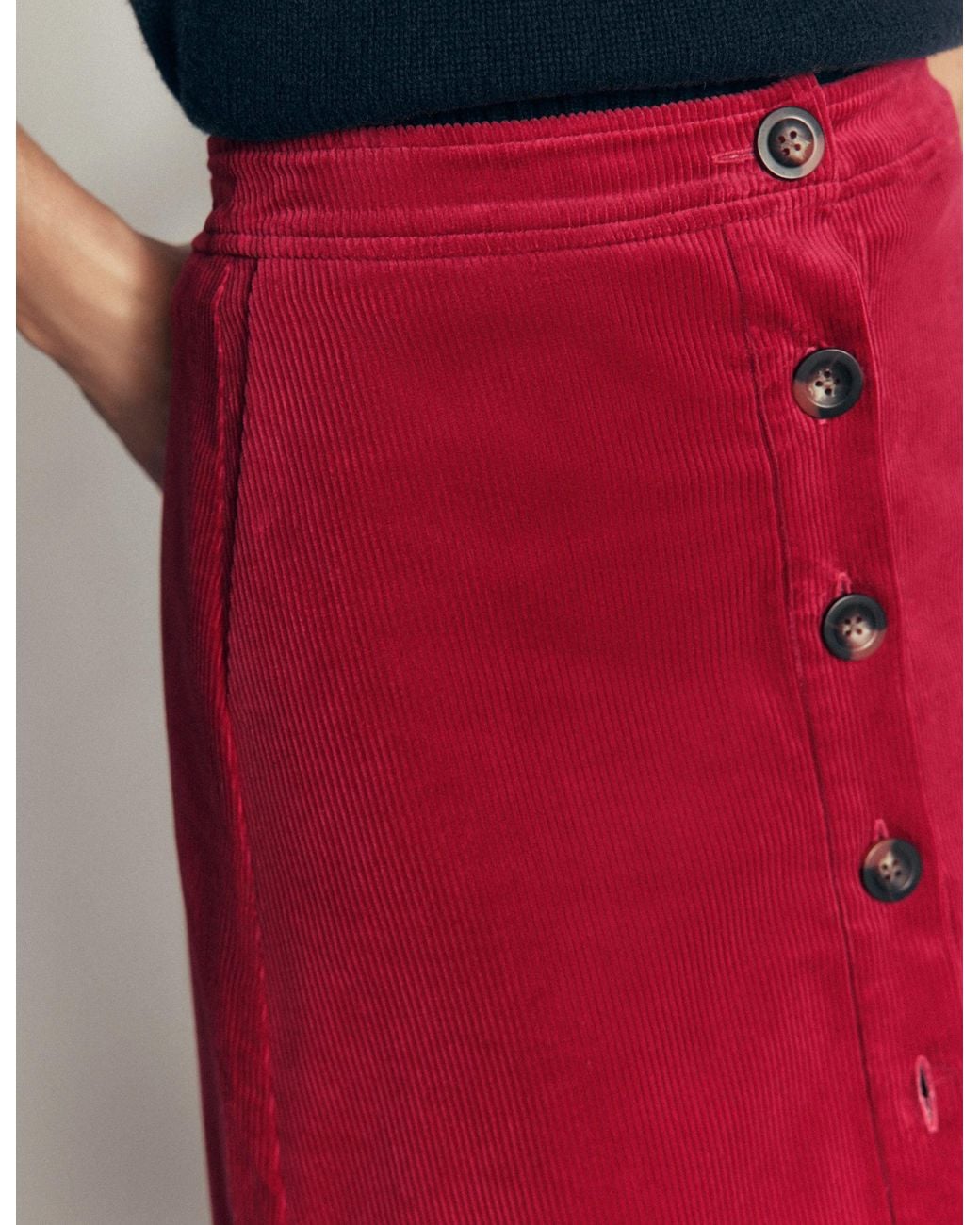 Boden Red Val Button Cord Midi Skirt