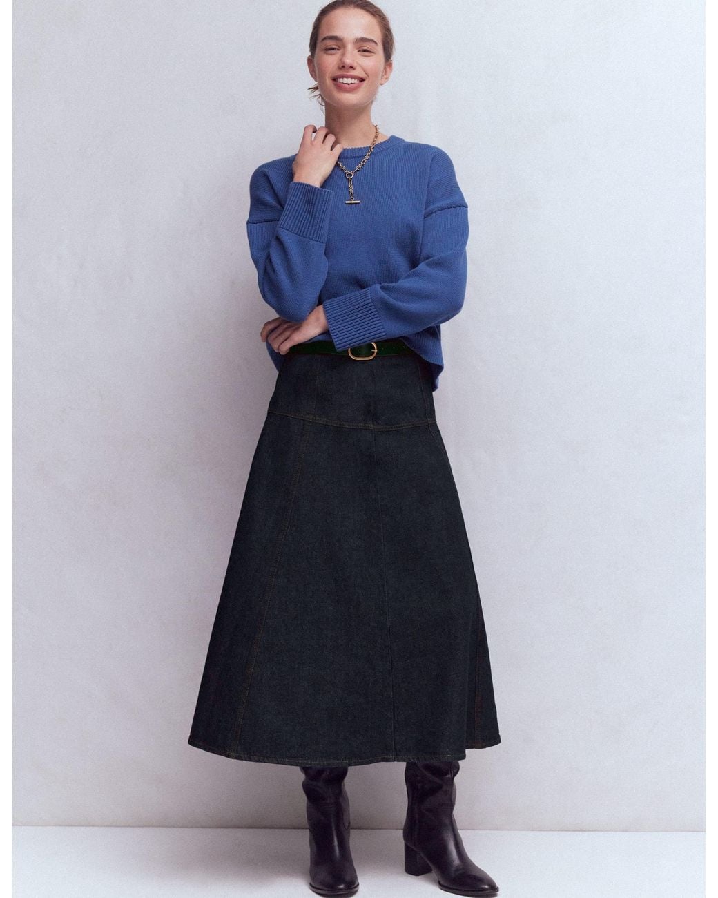 Boden Blue Panelled Detail Denim Skirt