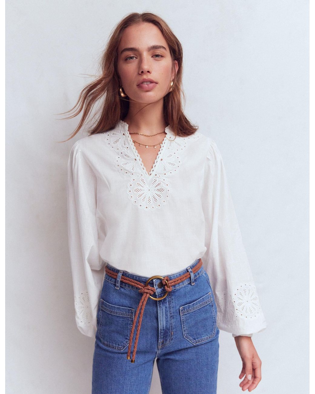 Boden White Embroidered Notch Neck Top