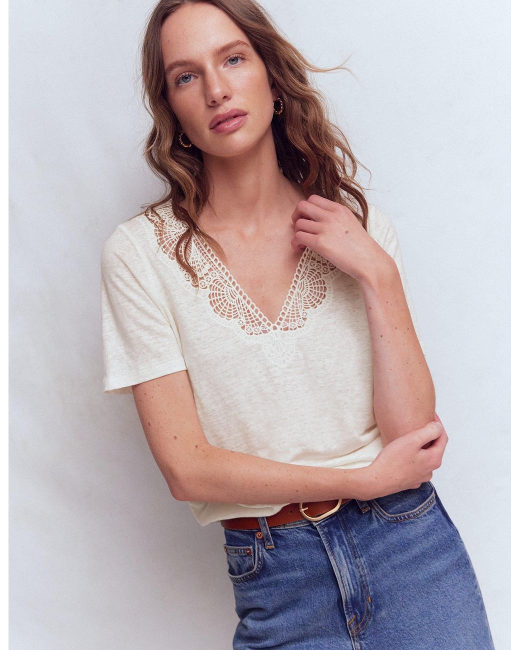 Boden Blue Tara Lace Trim Linen T-Shirt