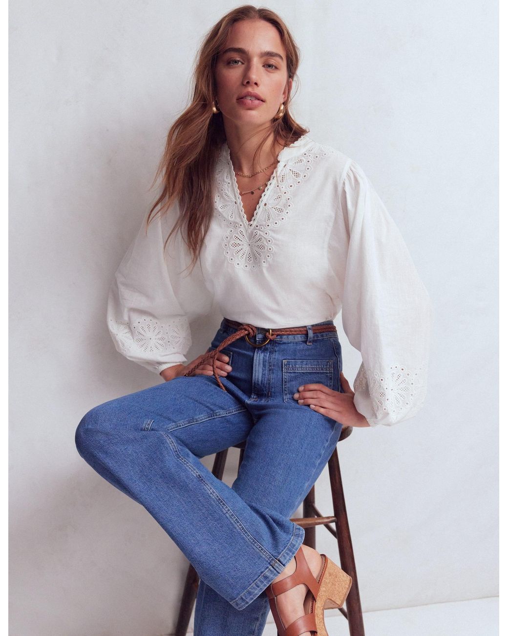 Boden White Embroidered Notch Neck Top