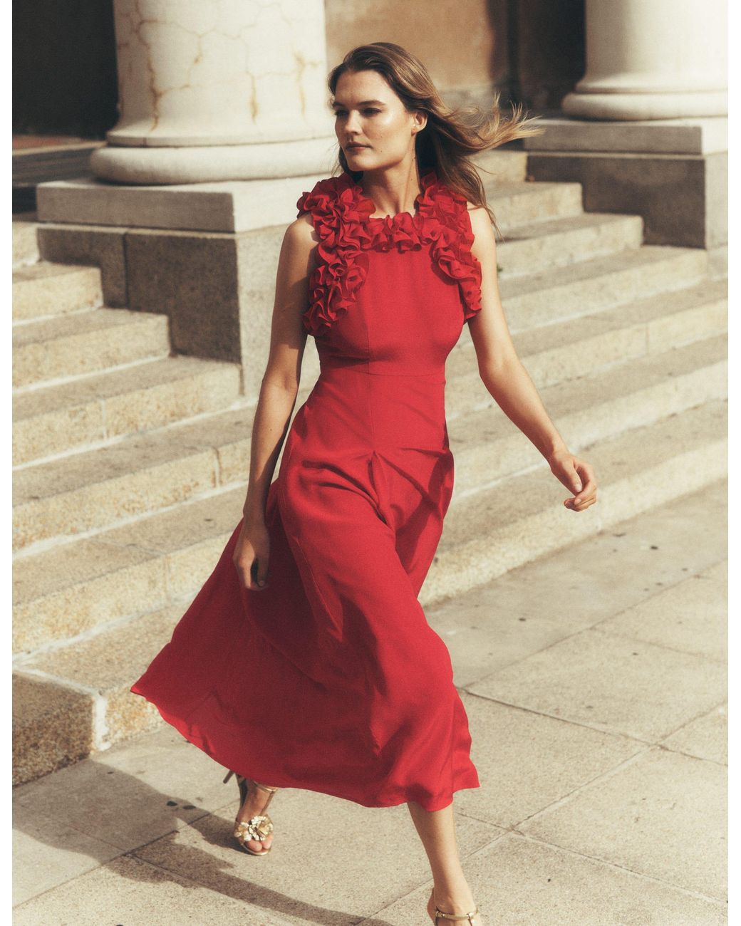 Boden Red Ruffle Silk Midi Dress