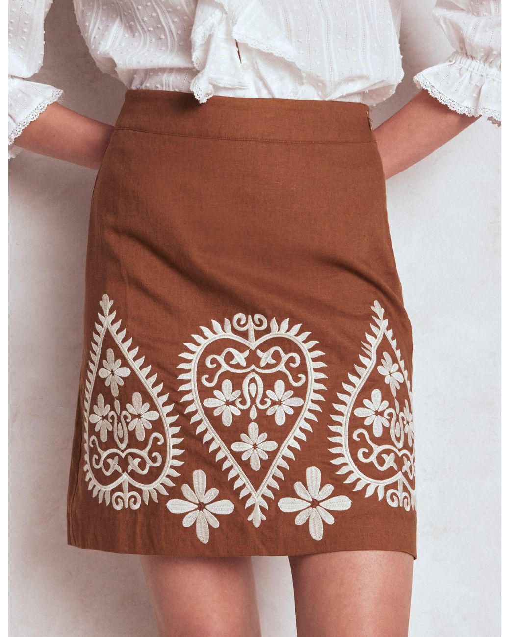 Boden Brown Embroidered Linen Skirt