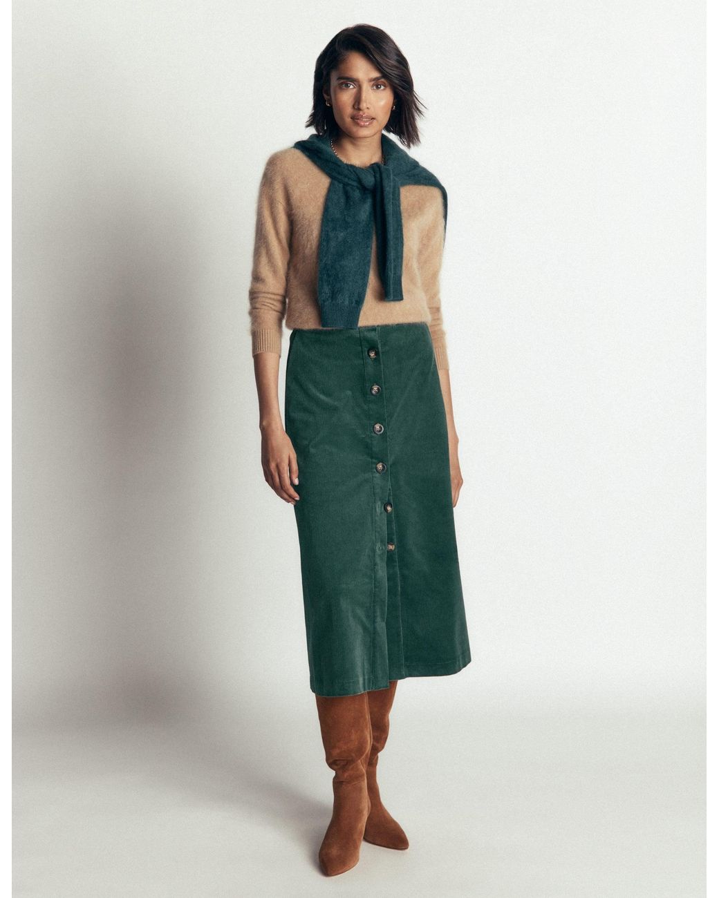 Boden Green Val Button Cord Midi Skirt