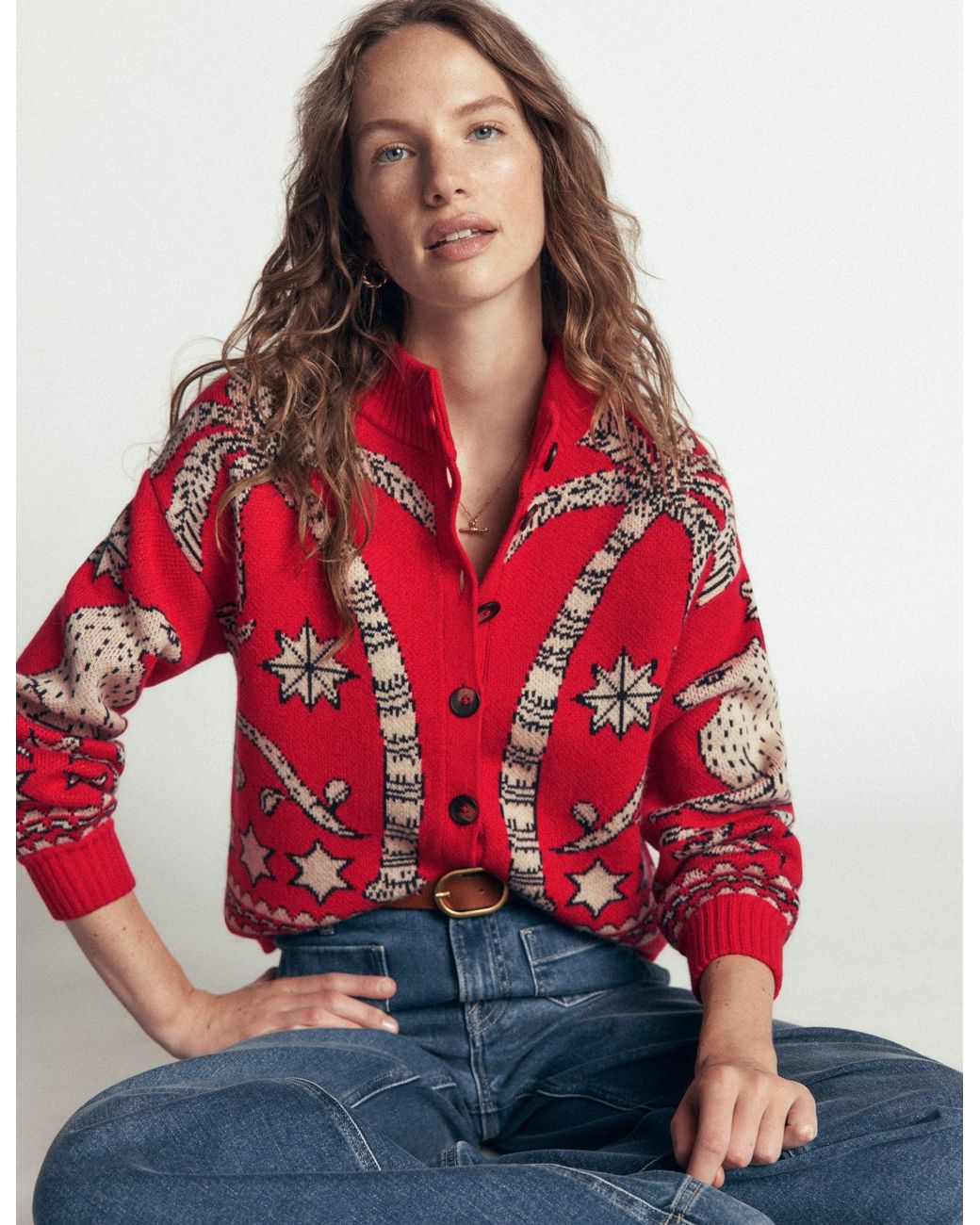 Boden Red Jemma Jacquard Knit Cardigan