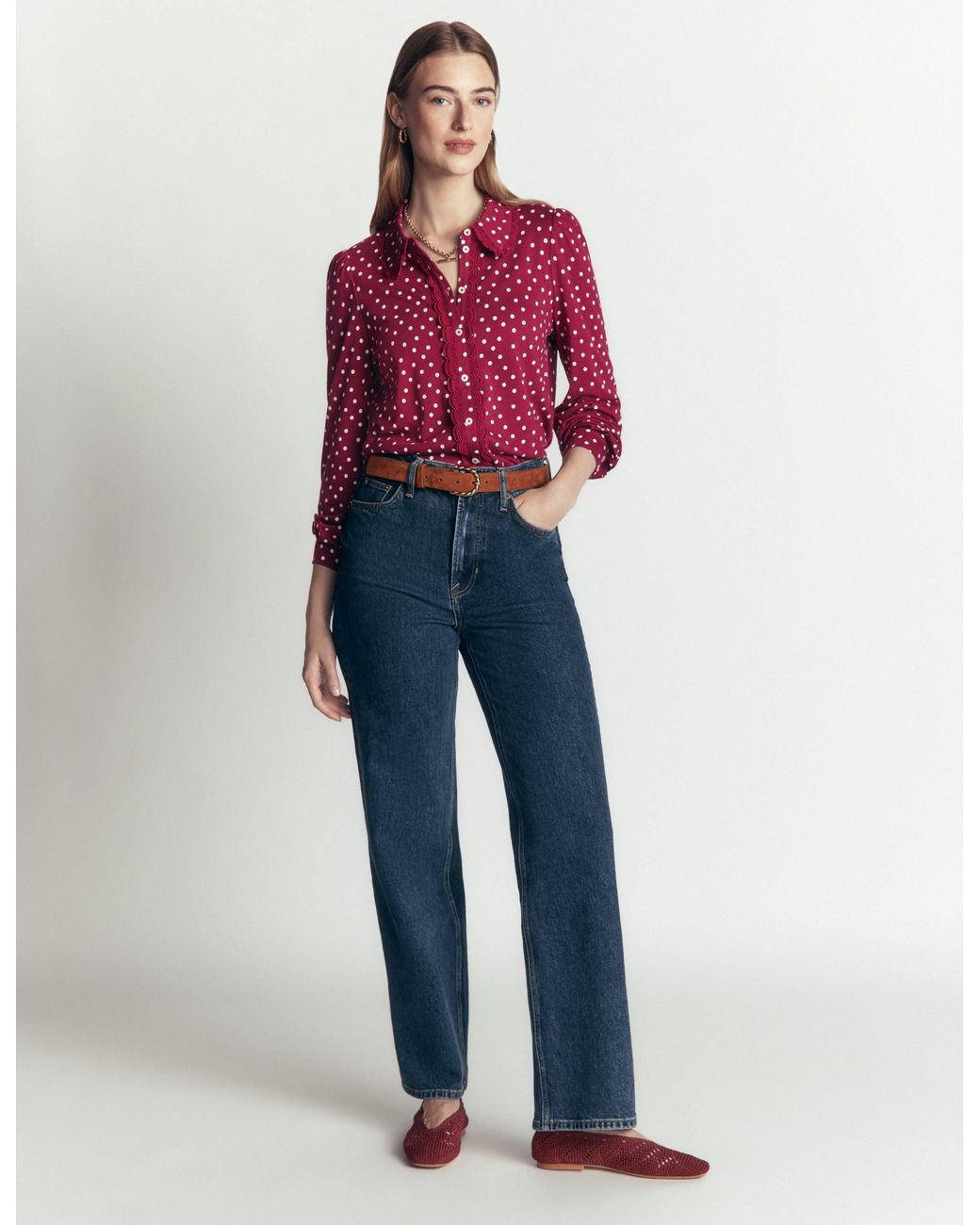 Boden Red Lace Frill Blouse