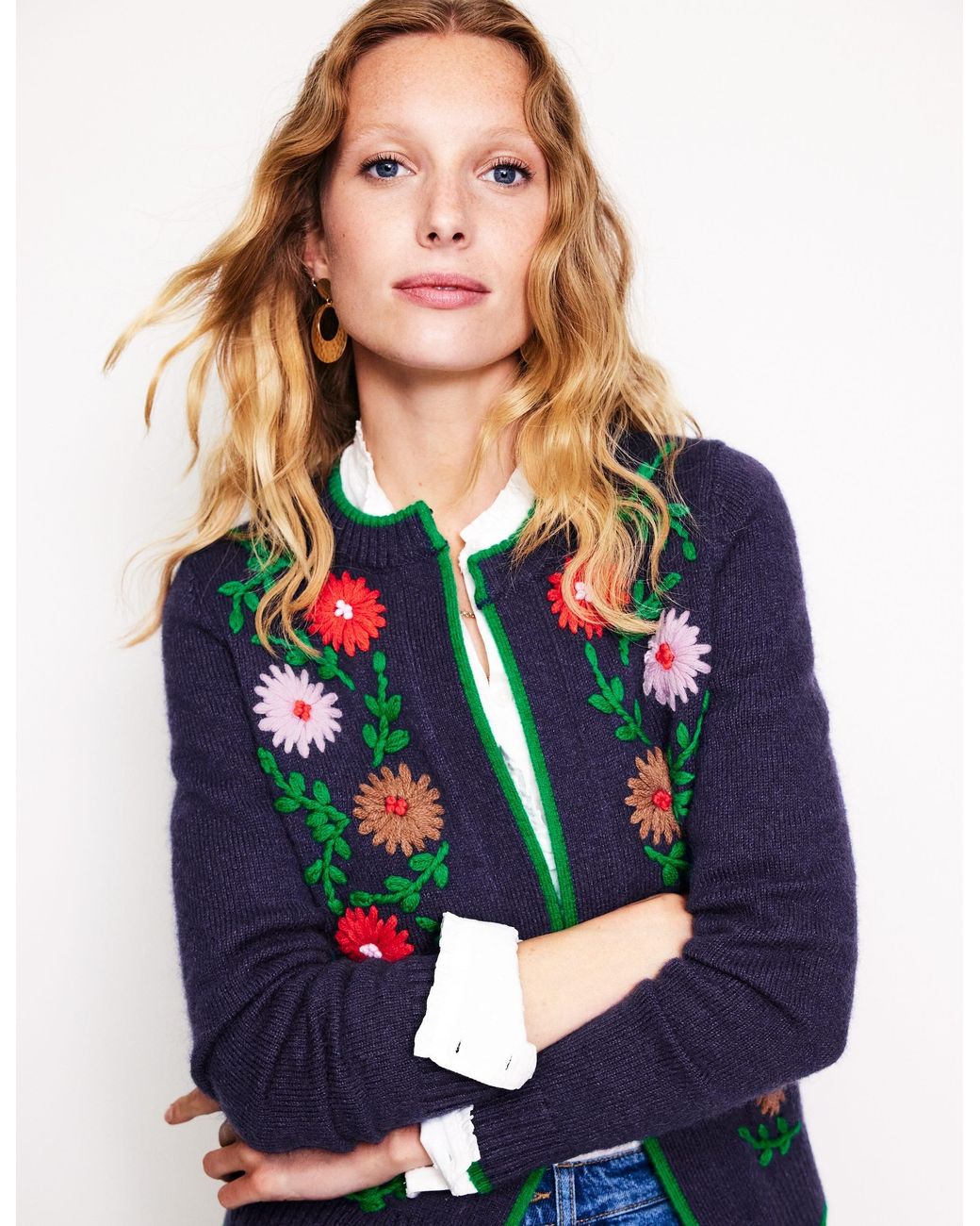 [GRAVER]★BLUE FLOWER DOT EMBROIDERY KNIT CARDIGAN Cardigan- Handknit Floral Jacket (Blue Bird) - Dixon Rand