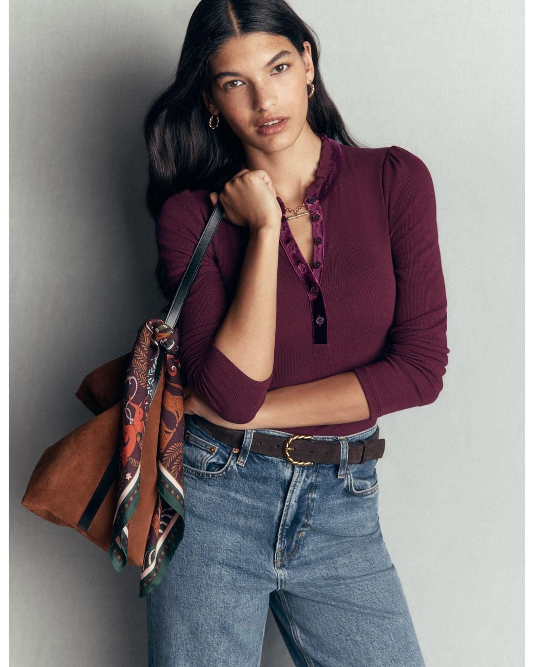 Boden Purple Velvet Ruffle Trim Henley Top