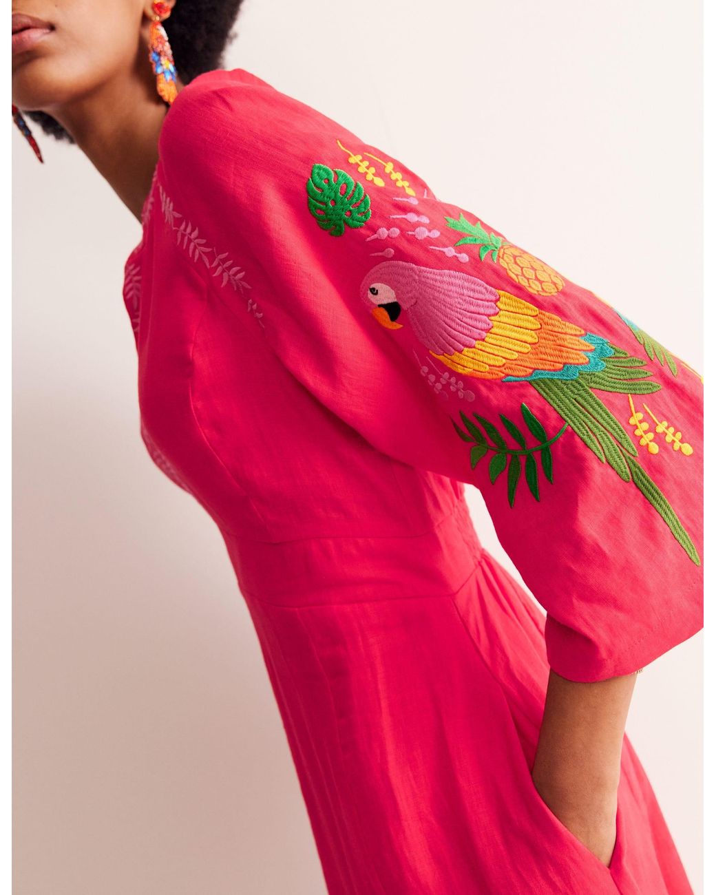 Boden Una Linen Embroidered Dresshibiscus in Pink | Lyst UK