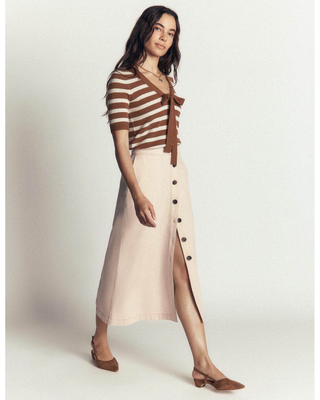 Boden Natural Val Button Denim Midi Skirt