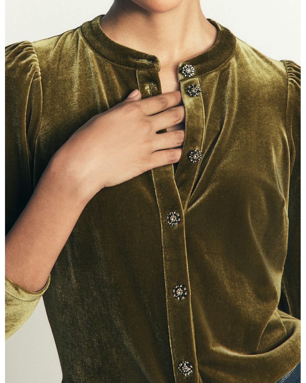 Boden Green Puff Sleeve Velvet Shirt