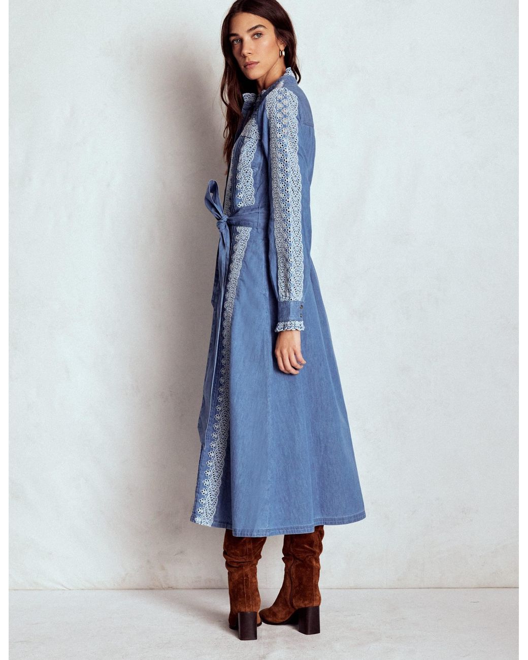 Boden Blue Ruffle Placket Chambray Dress