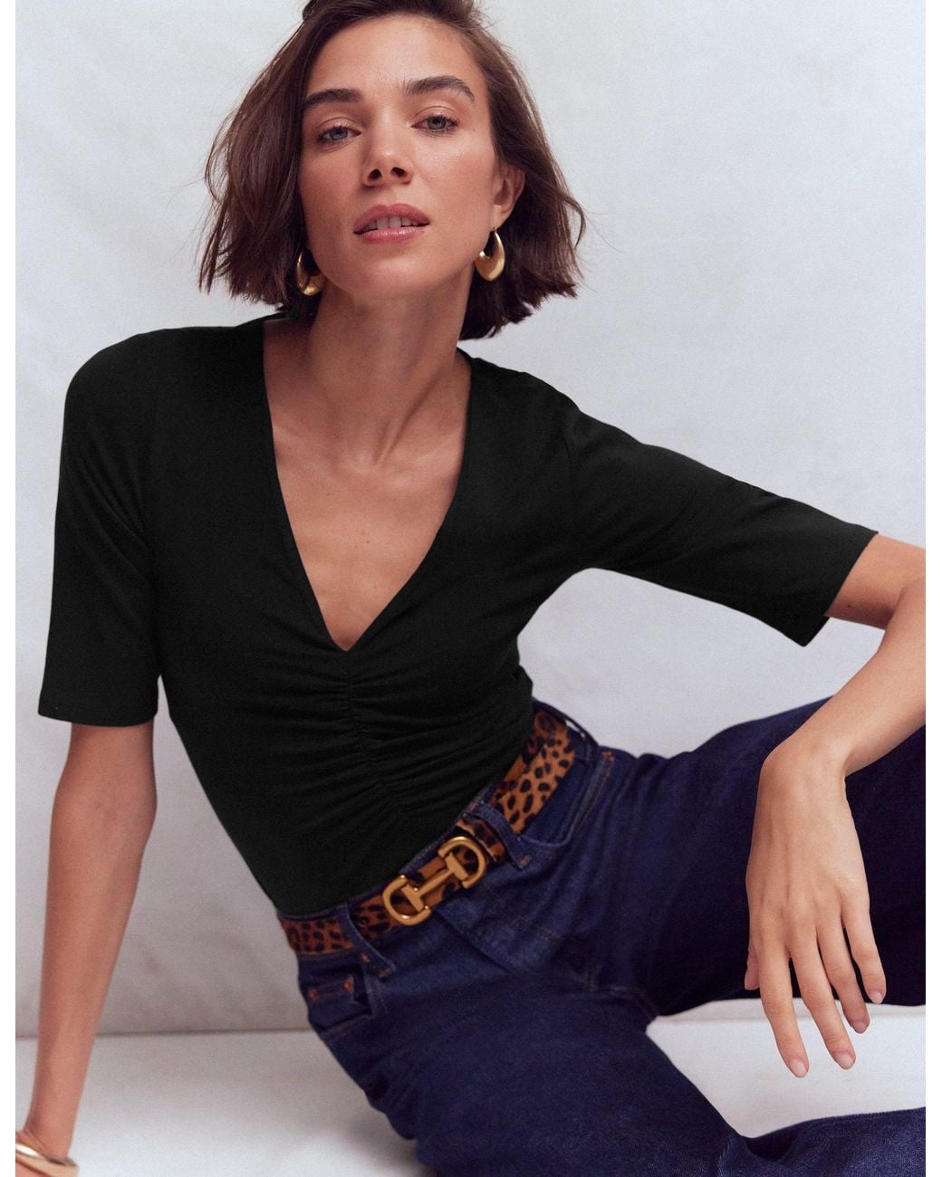 Boden Black Tia Ruched V-Neck Top