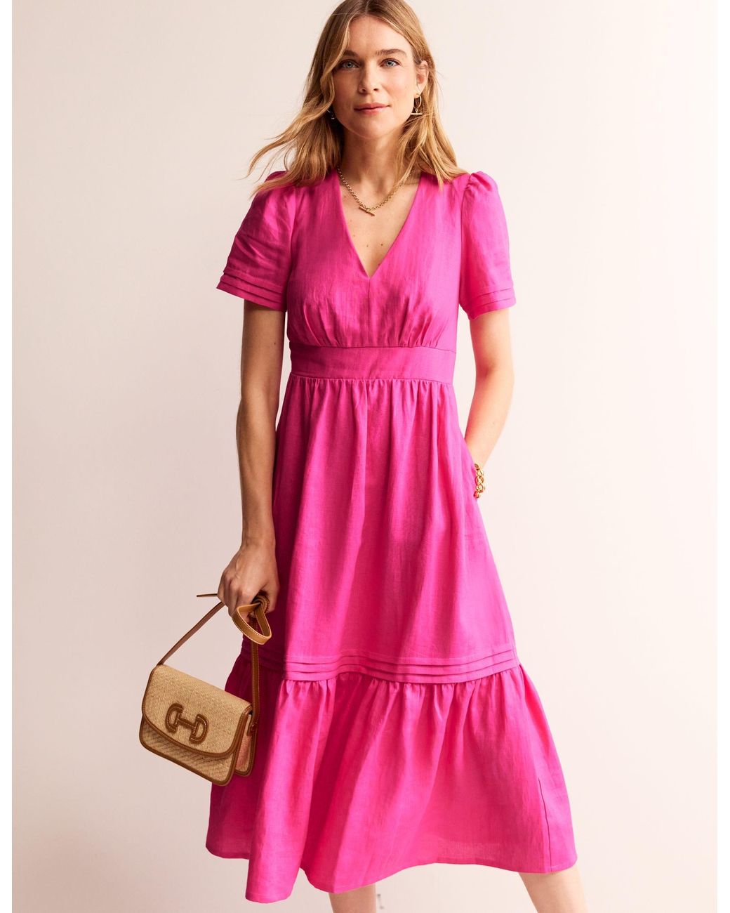 knee length dresses for ladies Brown Printed Linen-Blend Bandeau Evie Midi Dress main image 0