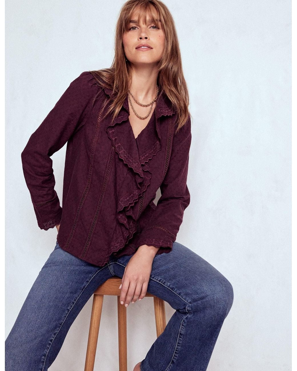 Boden Purple Ruffle Embroidered Blouse