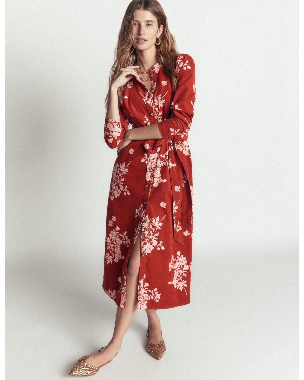 Boden Red Louise Cord Midi Shirt Dress