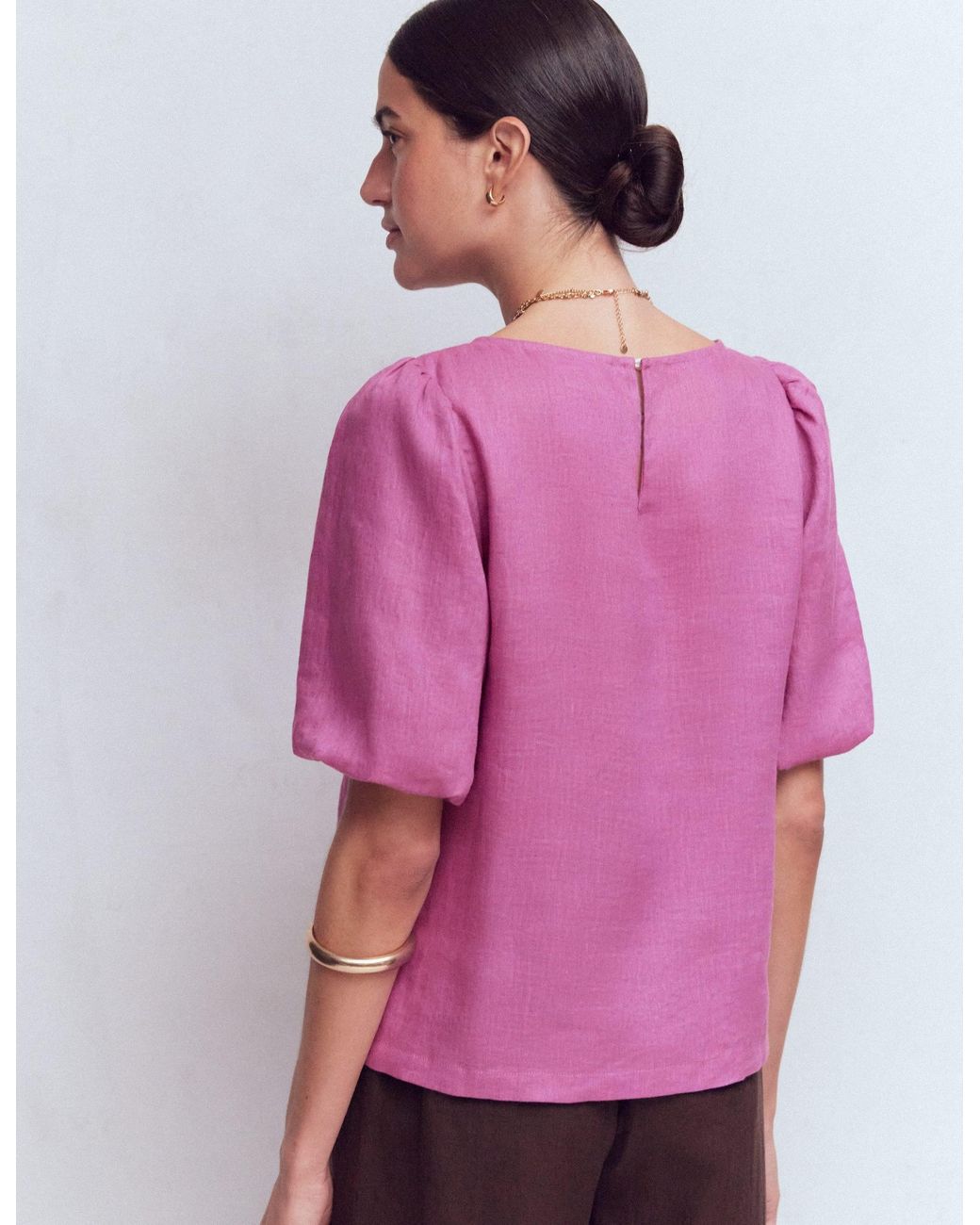 Boden Pink Linen Puff Sleeve Top