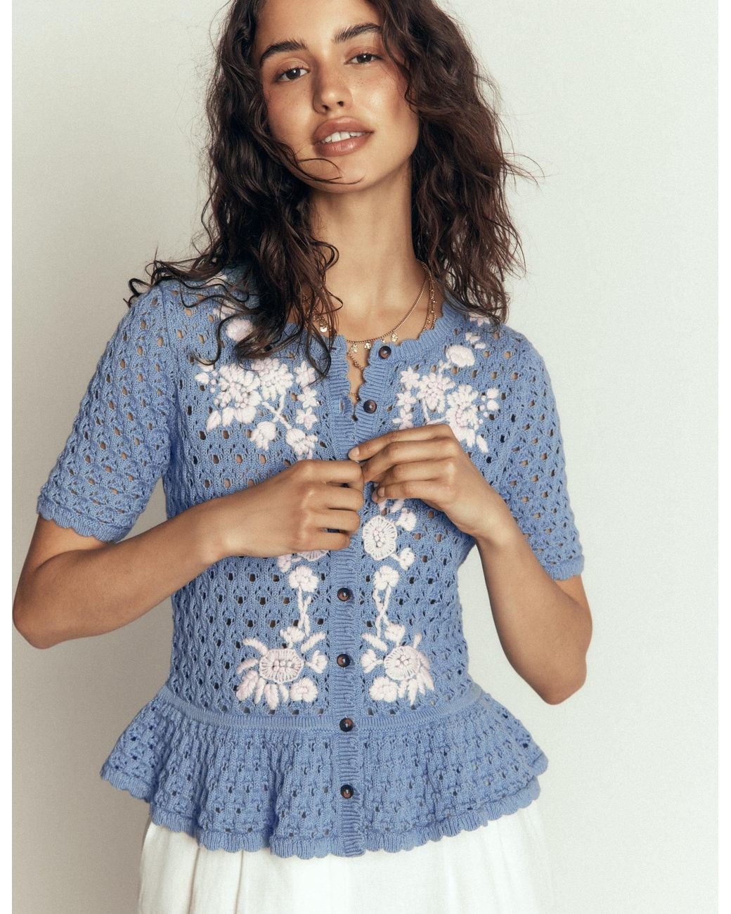 Boden Blue Embroidered Pointelle Cardigan