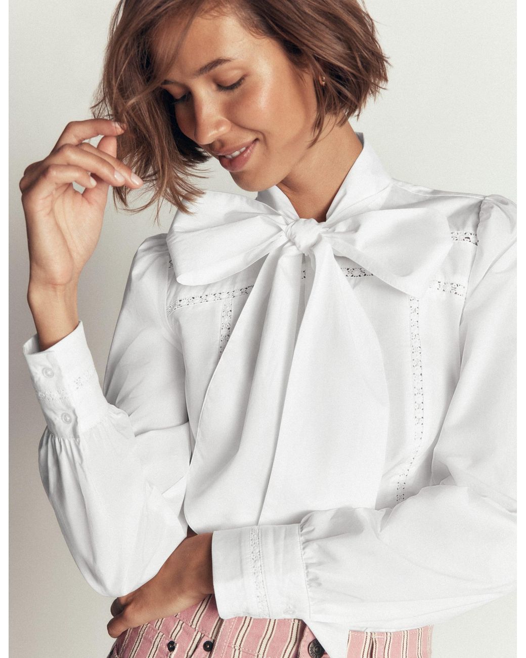 Boden White Clara Tie Neck Shirt