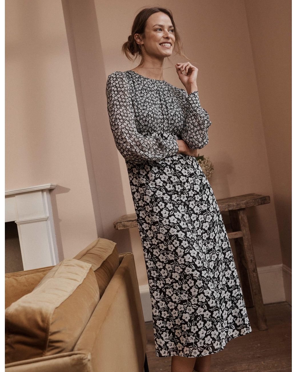 Boden Blue Hotched Midi Tea Dress