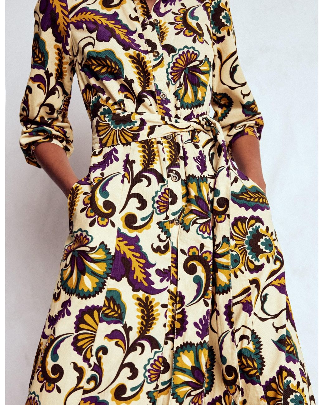 Boden White Clara Cord Midi Dress Multi, Ornate Meadow