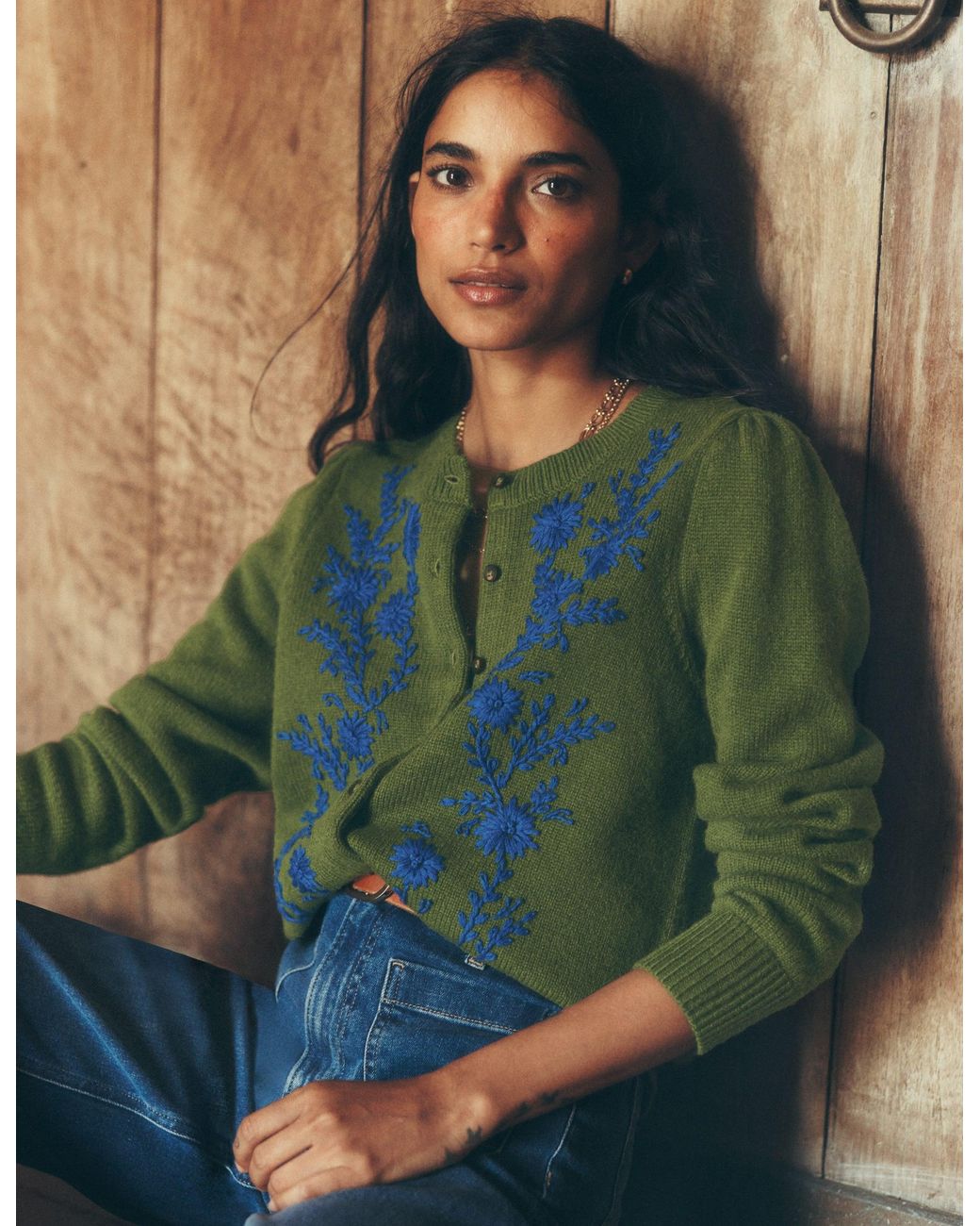 Boden Green Embroidered Knitted Cardigan