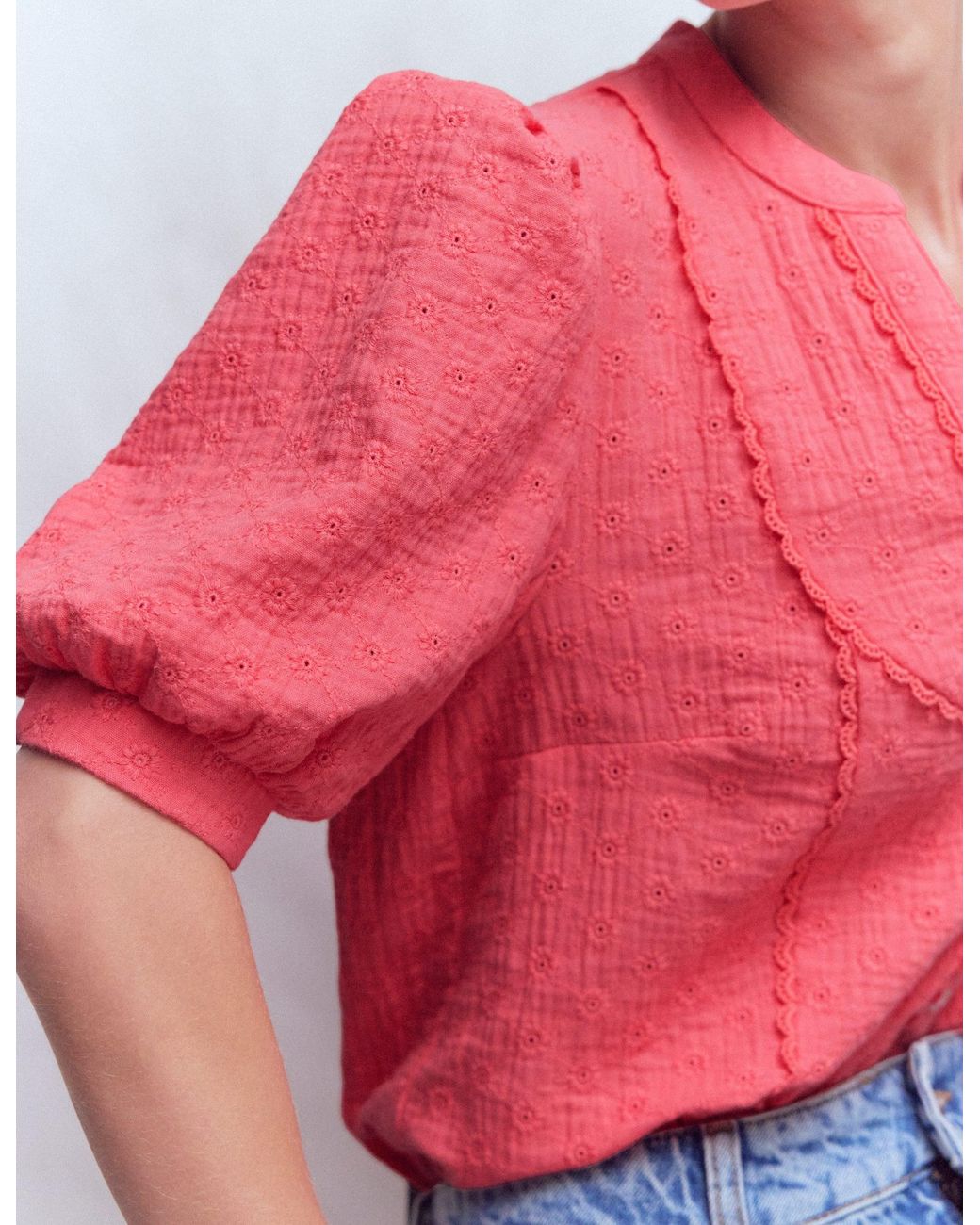 Boden Red Trim Insert Double Cloth Top