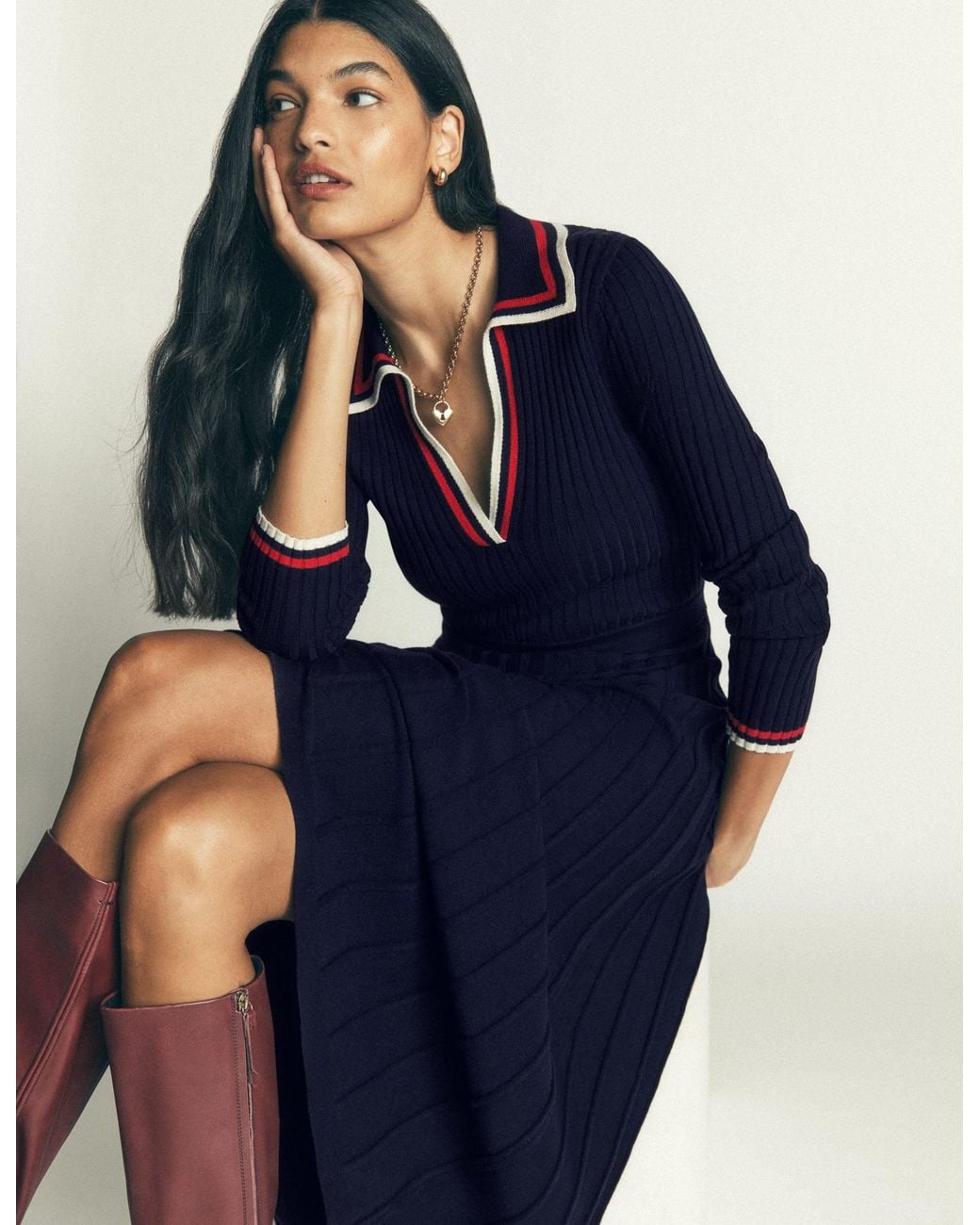 Boden Blue Ribbed Henley Knitted Dress