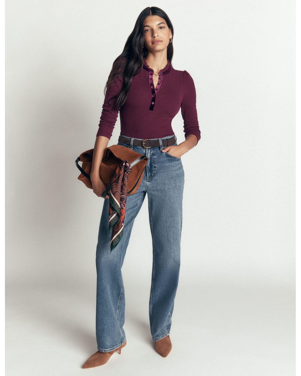 Boden Purple Velvet Ruffle Trim Henley Top