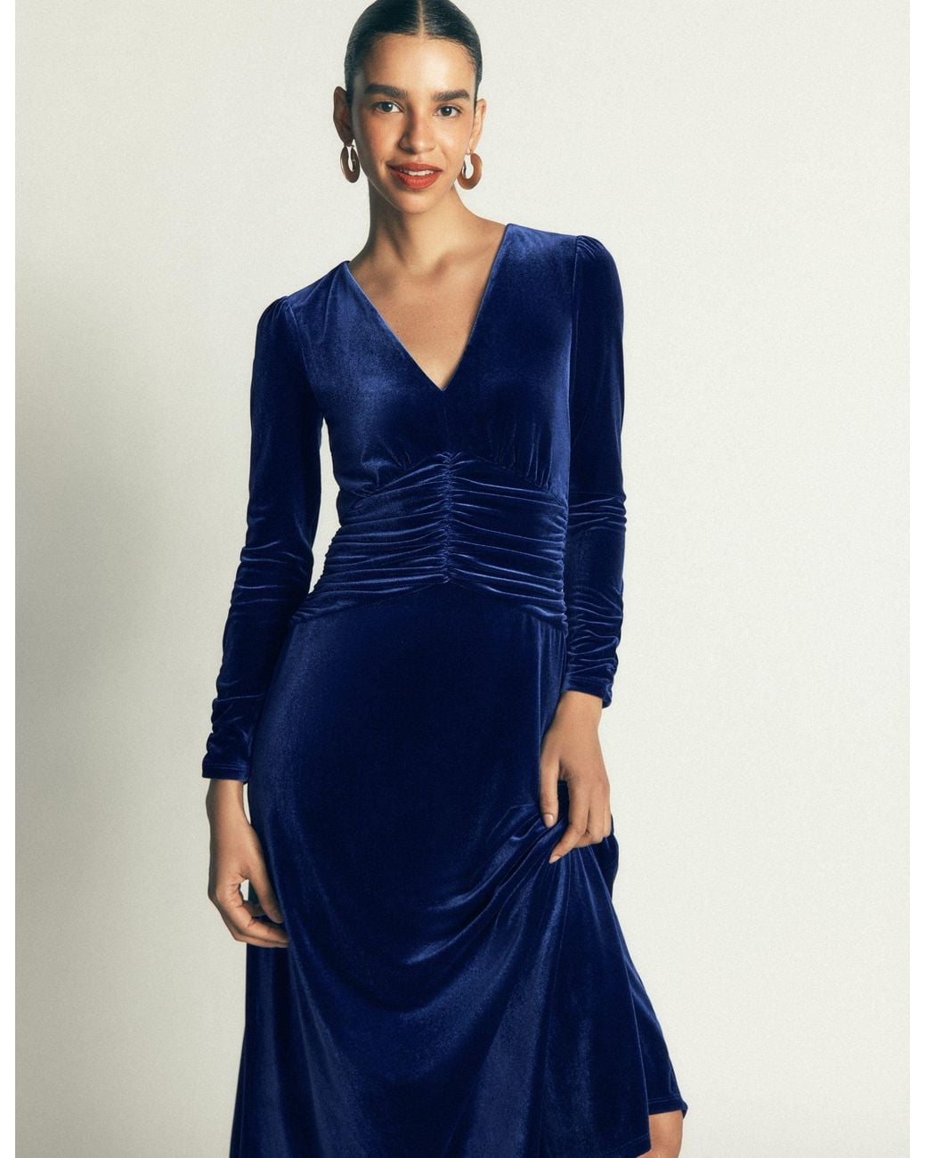 Boden Blue Mya Ruched Velvet Midi Dress