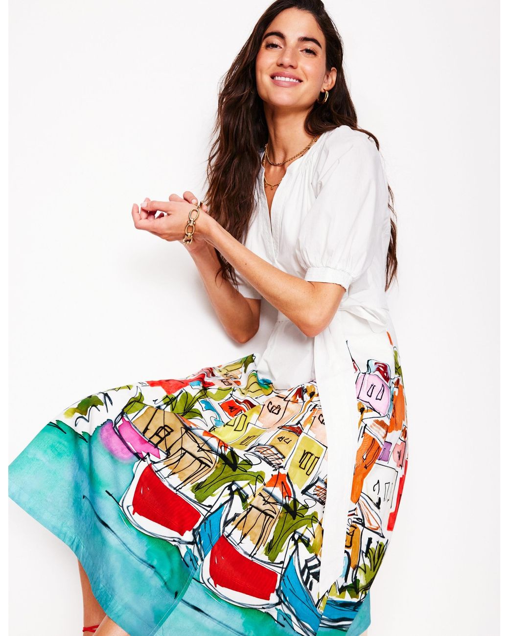 boden puff sleeve tiered midi dress Boden Puff Sleeve Tiered Midi Dress , Oriental Paradise in White