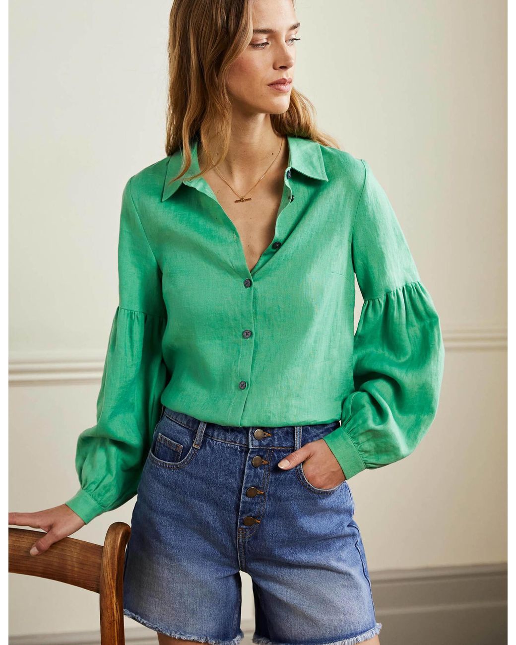 Boden Anna Blouson Linen Shirt Lagoon 