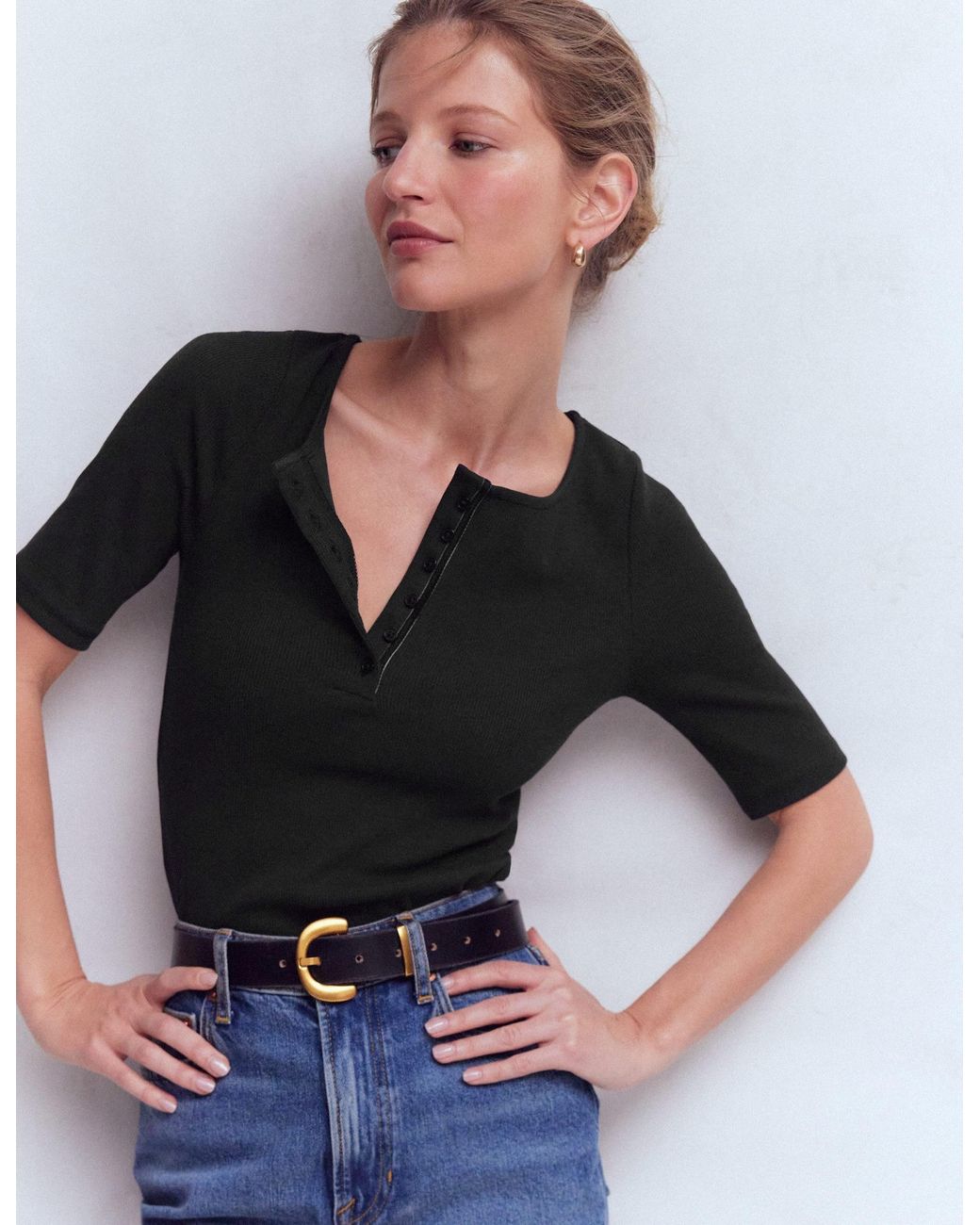 Boden Black Short Sleeve Rib Henley Top