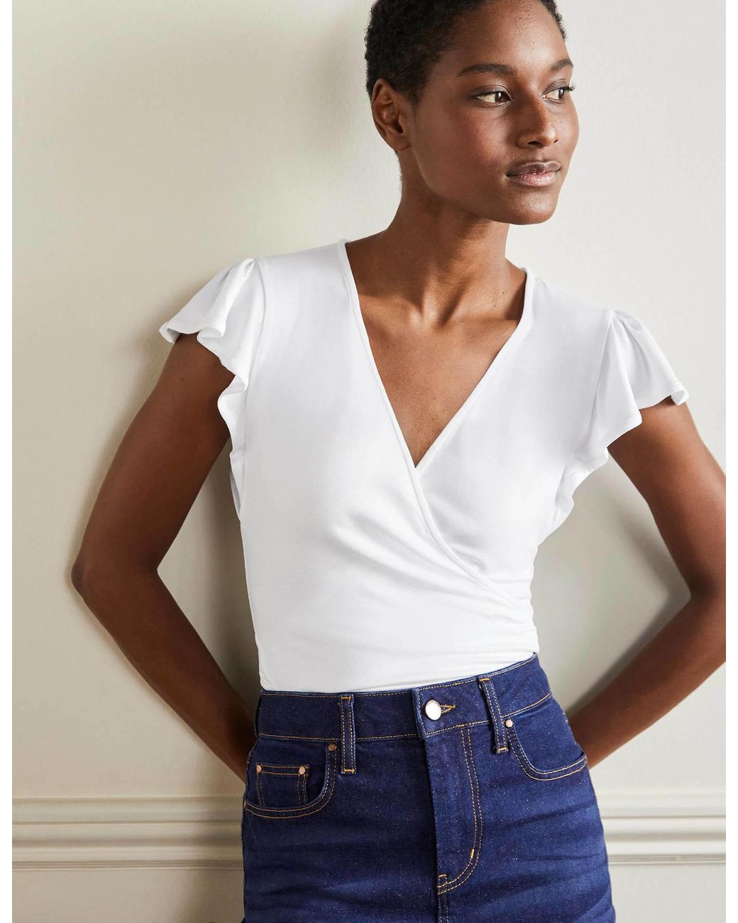 Boden Cotton Flutter Sleeve Wrap Top in 