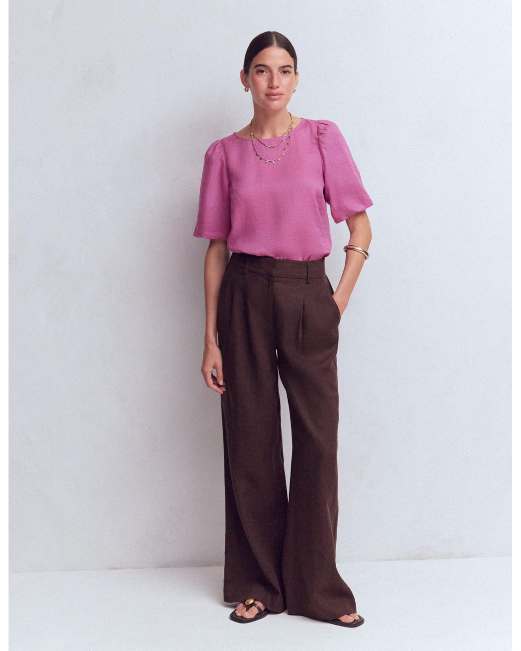 Boden Pink Linen Puff Sleeve Top