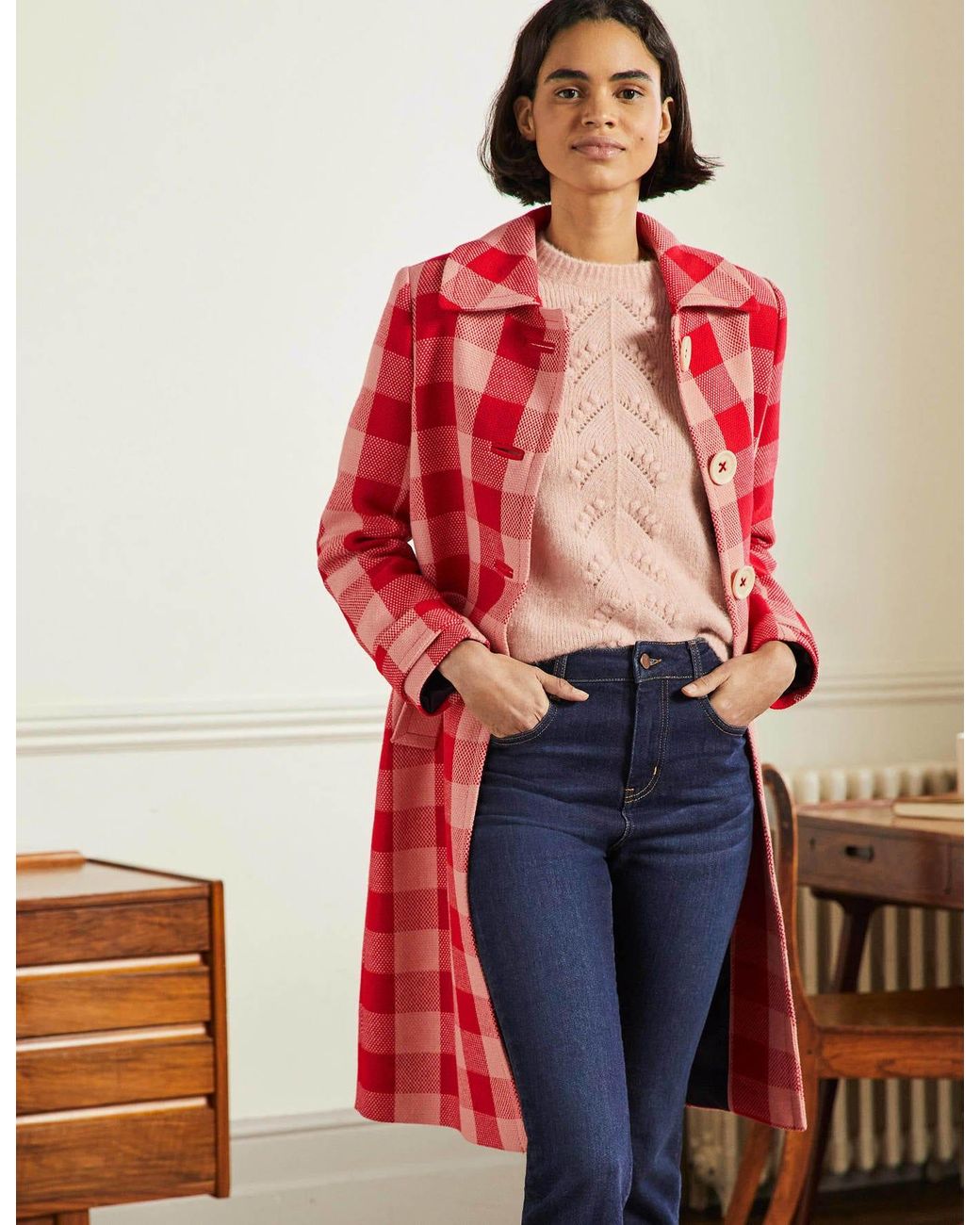 Boden Bonnie Gingham Buttoned Coat Pink in Red | Lyst