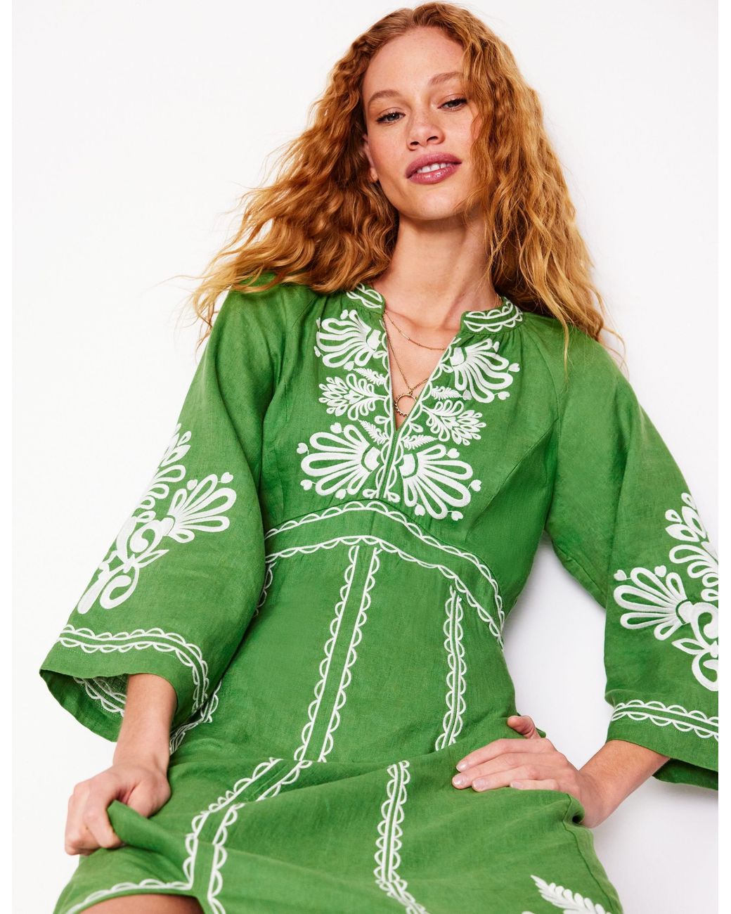 green emerald velvet dress Ava Linen Blend Midi Dress-Blue Embroidery main image 0