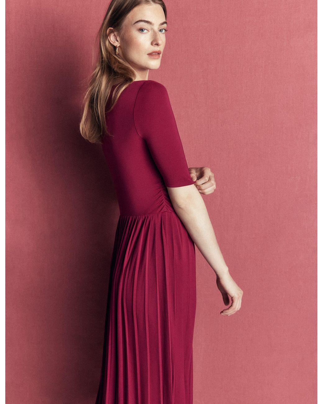 Boden Red Pleated Jersey Midi Dress